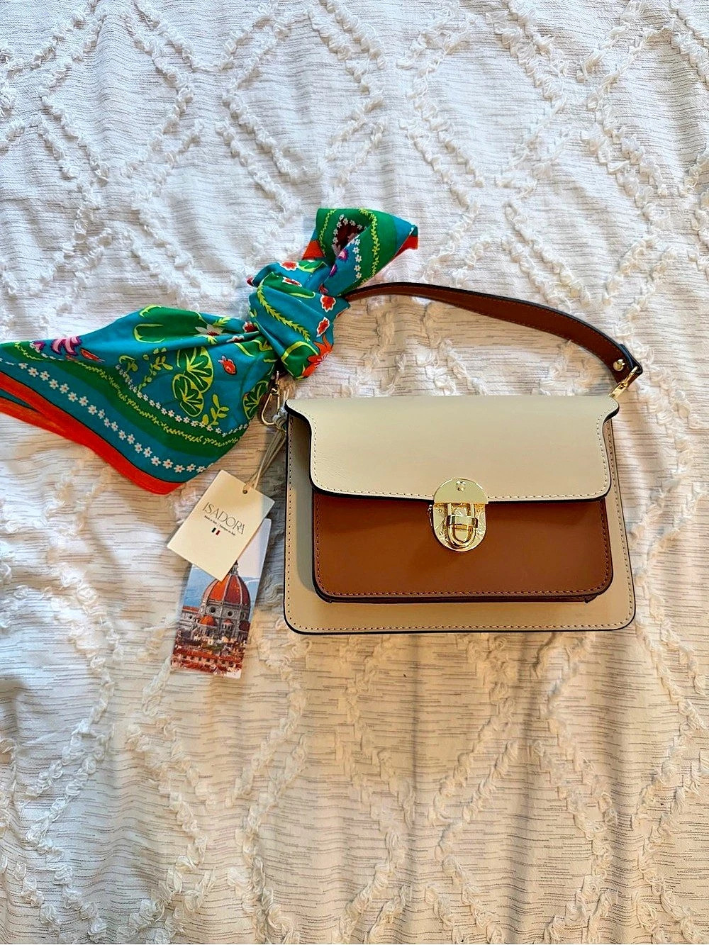 Isadora Italian Leather Shoulder Bag Brown & Cream NWT